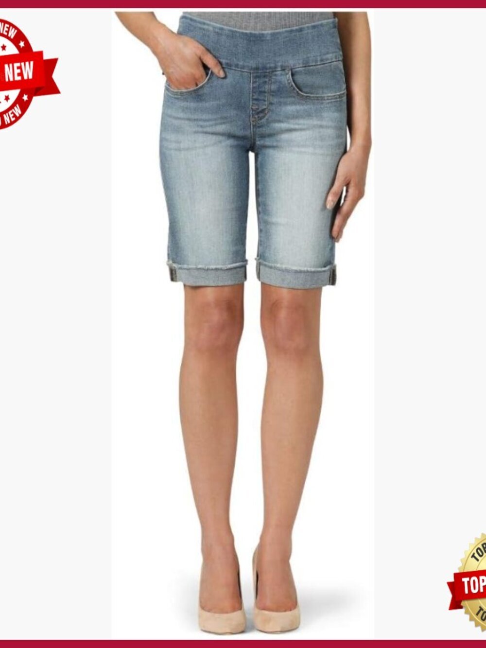 Stretch Denim Bermuda Shorts, Mid Rise Pull-On with Pockets